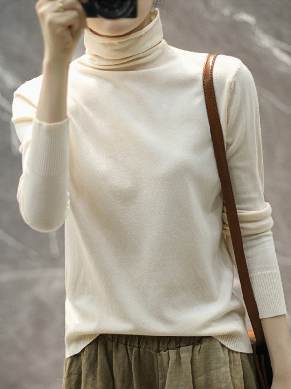 xakxx Solid Color Heaps Collar Long Sleeve Knitwear Tops