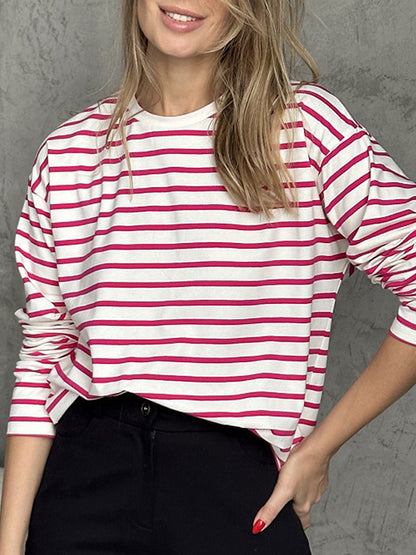 xakxx Long Sleeves Loose Striped Round-Neck T-Shirts Tops