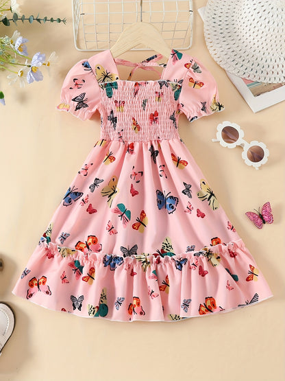 Girls' Summer Princess Dress - Vibrant Butterfly Print, Puff Sleeves & Frilly Details, Party & Beach Ready