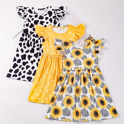 3pcs/set Toddler Girls Ruffled Sleeves Round Neck Polka Dot Leopard And Sunflower Graphic Princess Dress For Party Kids Summer Clothes