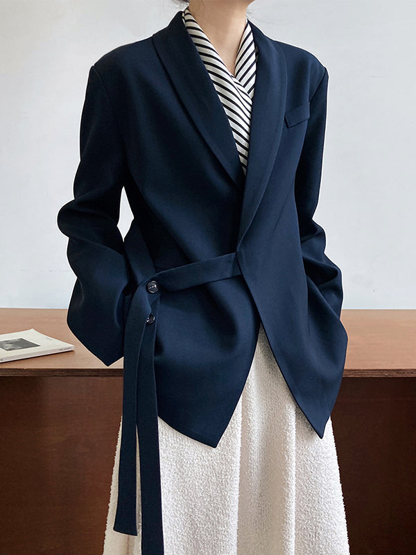 xakxx Long Sleeves Loose Asymmetric Buttoned Pockets Solid Color Tied V-Neck Blazer Outerwear