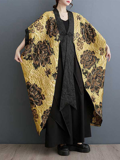 xakxx Batwing Sleeves Loose Flower-Embellished Chinese Frog Buttons Pleated Split-Joint V-Neck Outerwear