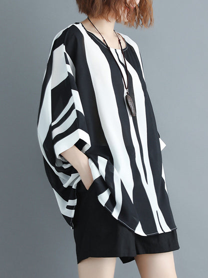 xakxx Original Chiffon Batwing Sleeves Striped Shirts Tops