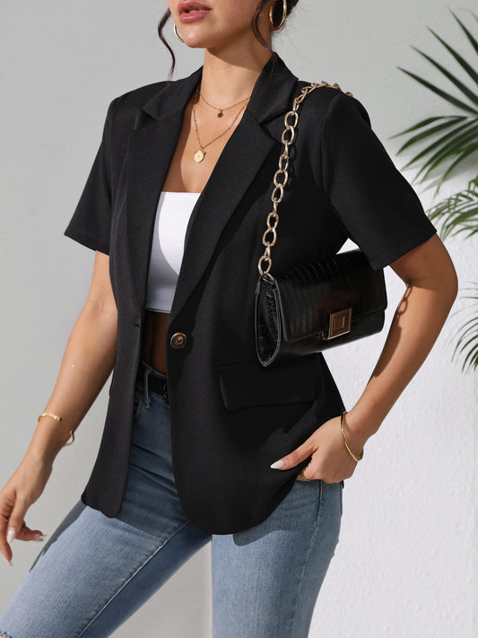 Short Sleeve Elegant Lapel Solid Color Blazer - Classic Single Breasted Design, Micro Elastic Polyester Fabric, Unlined, Regular Length, Perfect for Office & Work - Spring/Summer Essential for Women