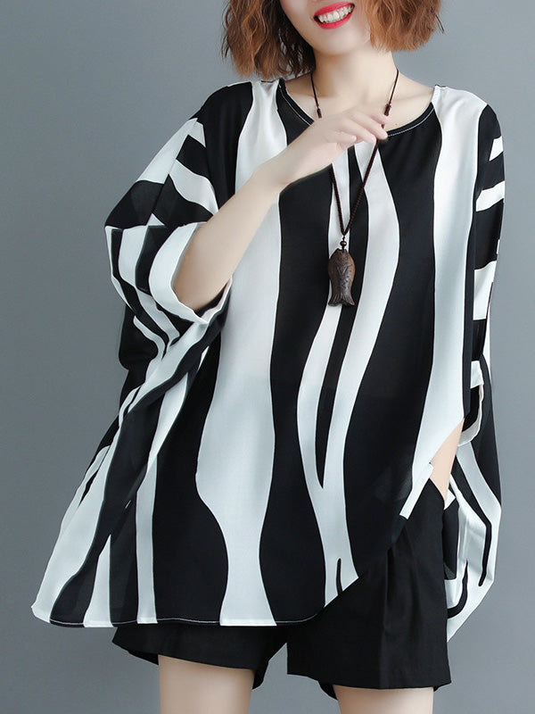 xakxx Original Chiffon Batwing Sleeves Striped Shirts Tops