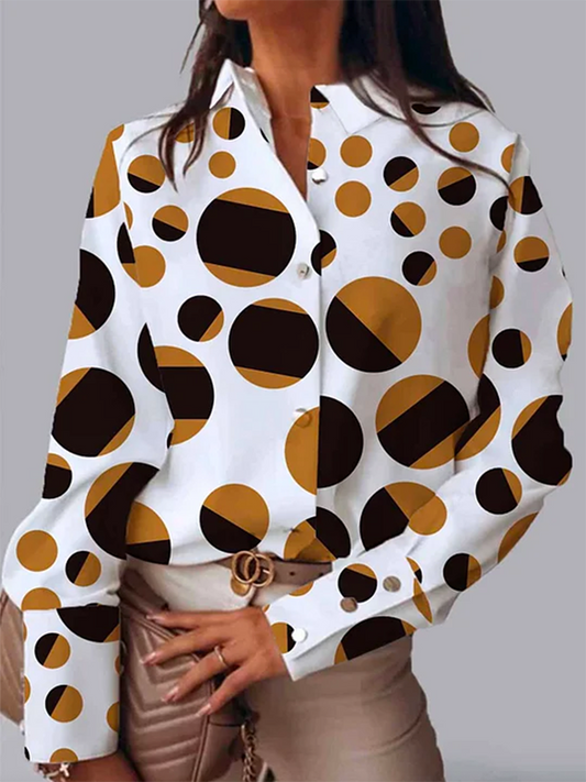 xakxx Long Sleeves Loose Buttoned Contrast Color Polka-Dot Lapel Blouses&Shirts Tops