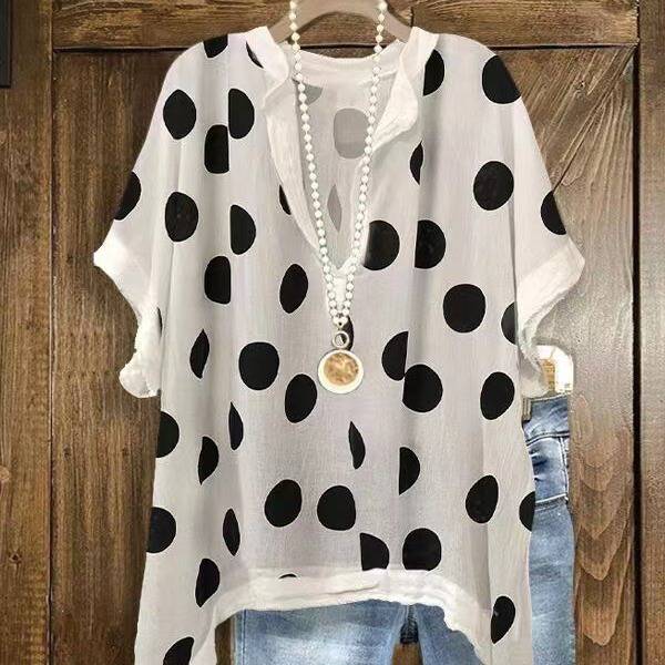 xakxx Stylish White Polka-Dot Stand Collar Short Sleeves Blouse Top