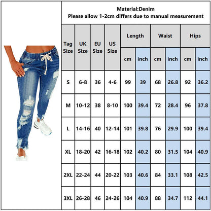 Women Drawstring Denim Long Pants Ripped Broken HolesSlim Fit Jeans Feminino Skinny Pockets Casual Full Length Pencil 210809