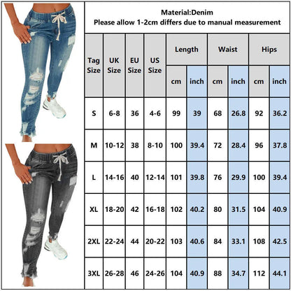 Women Drawstring Denim Long Pants Ripped Broken HolesSlim Fit Jeans Feminino Skinny Pockets Casual Full Length Pencil 210809