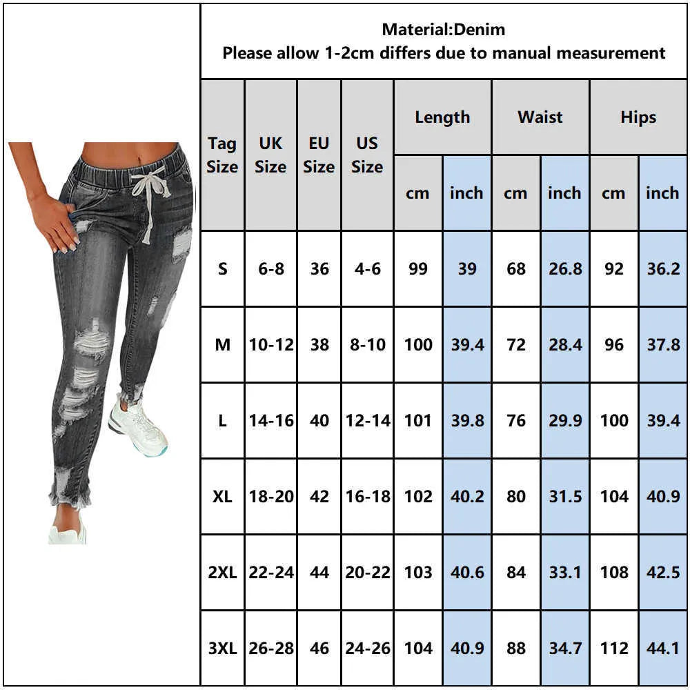 Women Drawstring Denim Long Pants Ripped Broken HolesSlim Fit Jeans Feminino Skinny Pockets Casual Full Length Pencil 210809