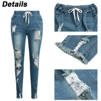 Women Drawstring Denim Long Pants Ripped Broken HolesSlim Fit Jeans Feminino Skinny Pockets Casual Full Length Pencil 210809