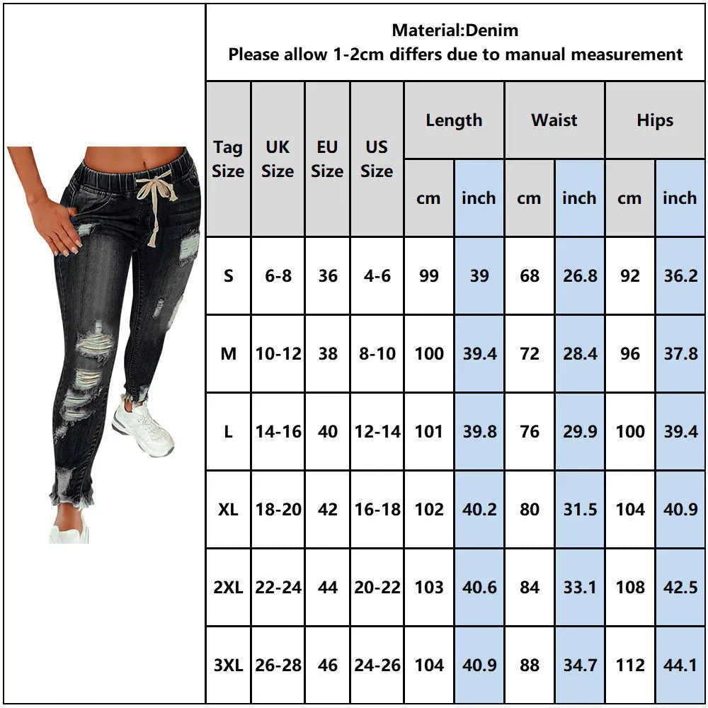 Women Drawstring Denim Long Pants Ripped Broken HolesSlim Fit Jeans Feminino Skinny Pockets Casual Full Length Pencil 210809