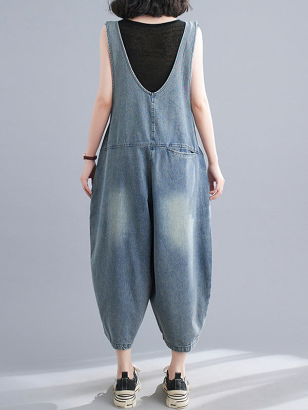 xakxx Cropped Loose Denim Buttoned Overalls