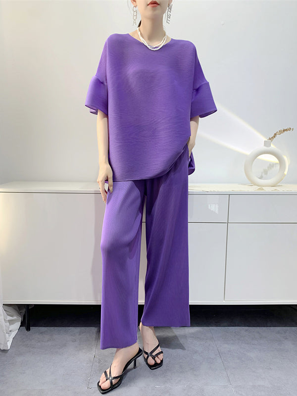 xakxx Elastics Pleated Solid Color Round-Neck T-Shirt + Wide Leg Pants Two Pieces Set