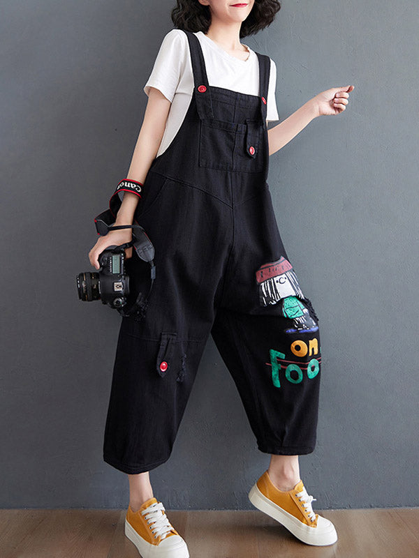 xakxx Original Cartoon Printed Puff Denim Overalls