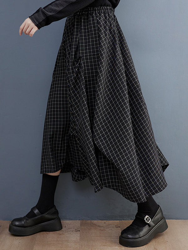 xakxx Loose Irregular Clipping Plaid Asymmetric Elasticity Skirts Bottoms