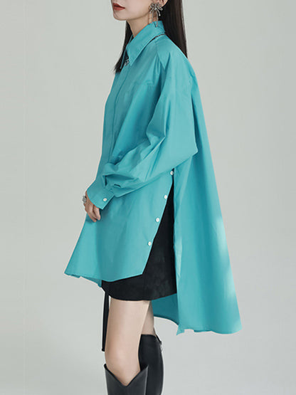 xakxx Irregular Clipping Loose Split-Side Solid Color Lapel Shirts Tops