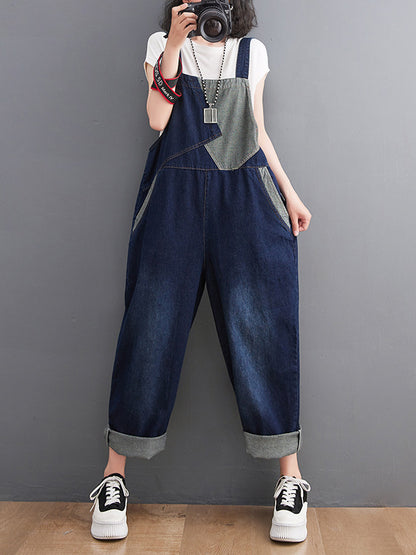 xakxx Casual Denim Contrast Color Split-Joint Overalls