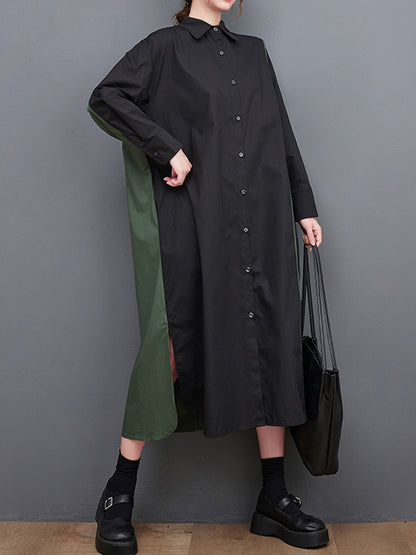 xakxx Long Sleeves Loose Asymmetric Buttoned Split-Joint Split-Side Lapel Midi Dresses Shirt Dress