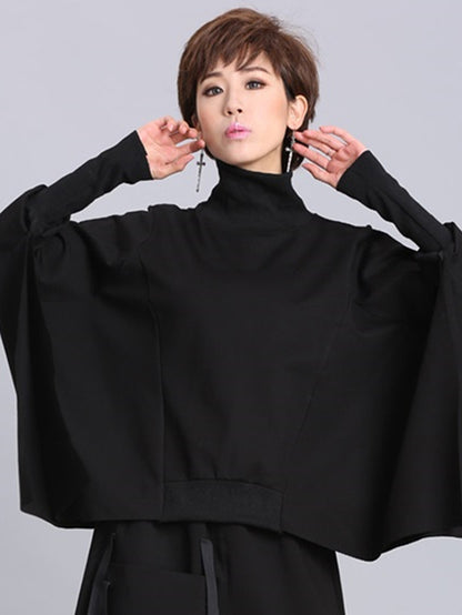 xakxx Solid Color Asymmetric High-Neck Loose Batwing Sleeve Sweatshirt