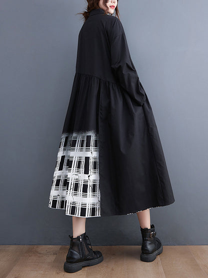 xakxx A-Line Long Sleeves Buttoned Gradient Plaid Lapel Midi Dresses