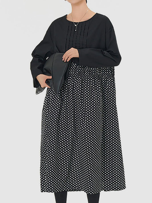 xakxx Long Sleeves Loose Contrast Color Elasticity Pleated Polka-Dot Split-Joint Round-Neck Midi Dresses