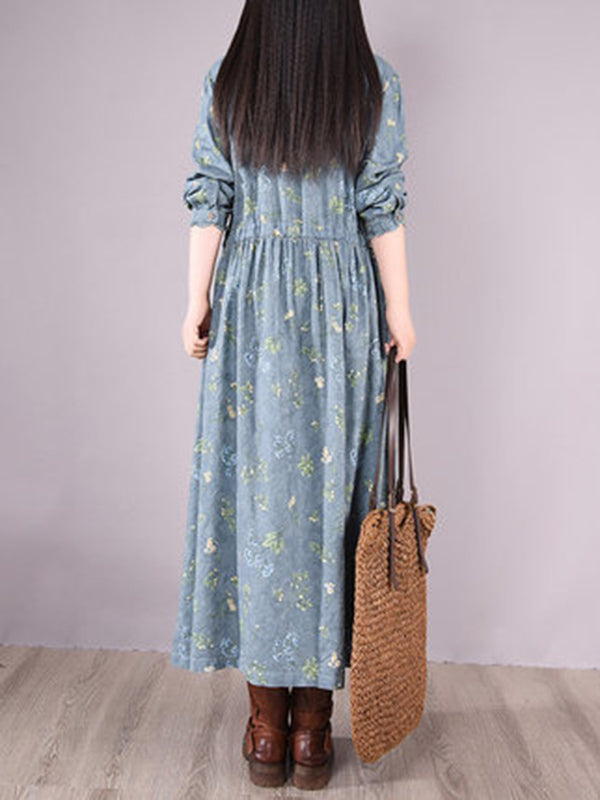 xakxx Vintage Floral Printed Ramie Cotton Loose Midi Dress