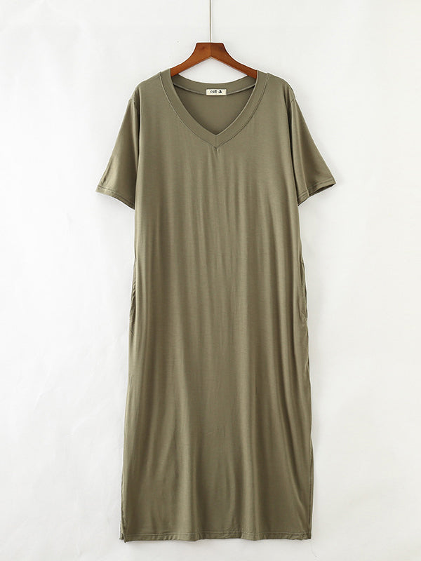 xakxx Simple Short Sleeves Loose Split-Side Solid Color V-Neck Pajamas Dress