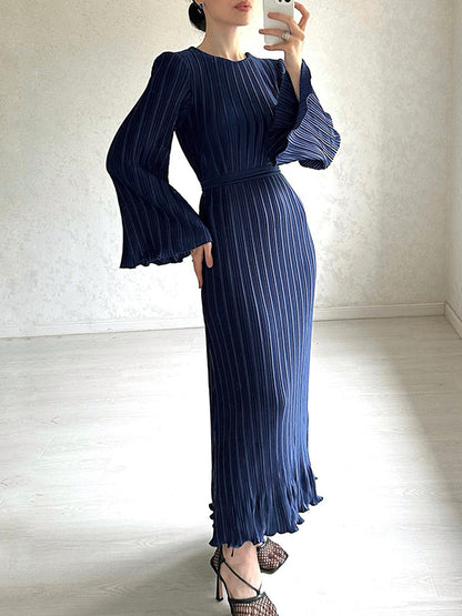 xakxx Flared Sleeves Long Sleeves Pleated Ruffled Solid Color Round-Neck Maxi Dresses