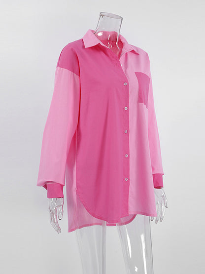 xakxx High-Low Long Sleeves Buttoned Contrast Color Pockets Split-Side Lapel Blouses&Shirts Tops