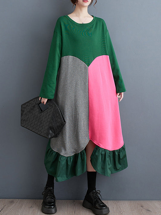 xakxx A-Line Long Sleeves Contrast Color Pleated Split-Front Split-Joint Round-Neck Midi Dresses