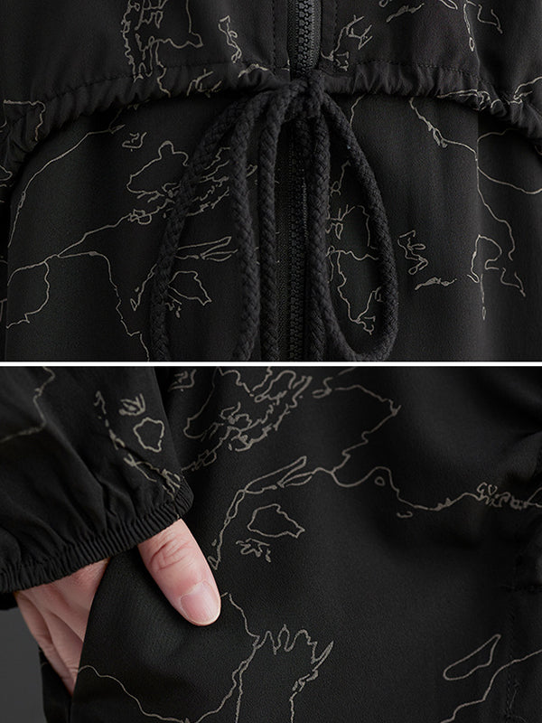 xakxx Vintage Irregularity Loose Drawstring Printed Zipper Hooded Trench Coats