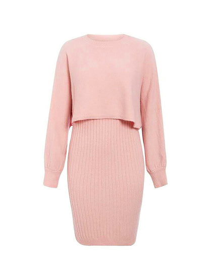 xakxx Long Sleeves Solid Color Round-Neck Sweater Top + Inner Dress Two Pieces Set