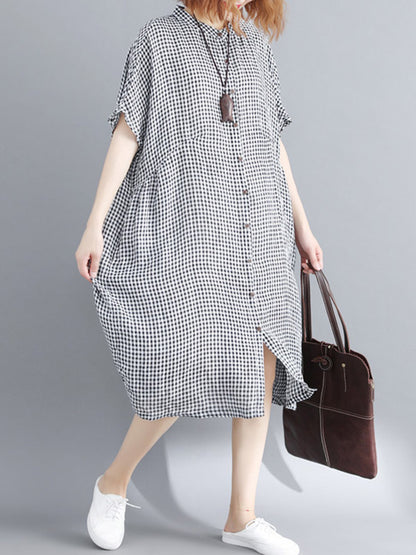 xakxx Artistic Retro Loose Split-Joint Plaid Buttoned Stand Collar Half Sleeves Midi Dress