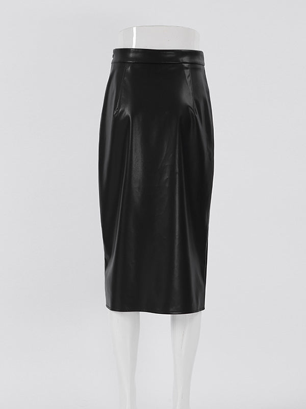 xakxx High Waisted Solid Color Split-Front Zipper Skirts Bottoms