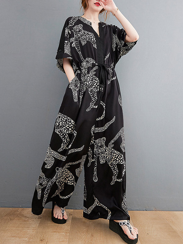 xakxx Vintage Original Floral Leopard Printed Split-Joint Tied V-Neck Half Sleeves Wide Leg Jumpsuits