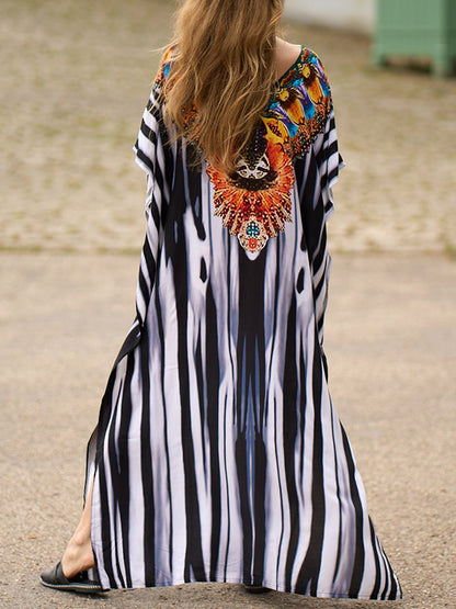 xakxx Batwing Sleeves Loose Printed Split-Side Striped V-Neck Beach Cover-Up Maxi Dresses