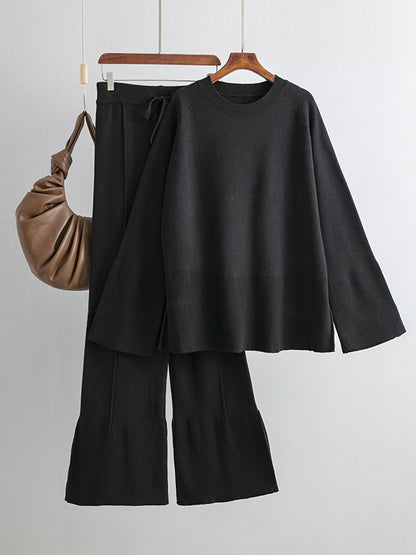 xakxx Casual Long Sleeves Loose Solid Color Round-Neck Sweater Tops & Wide Leg Pants Two Pieces Set