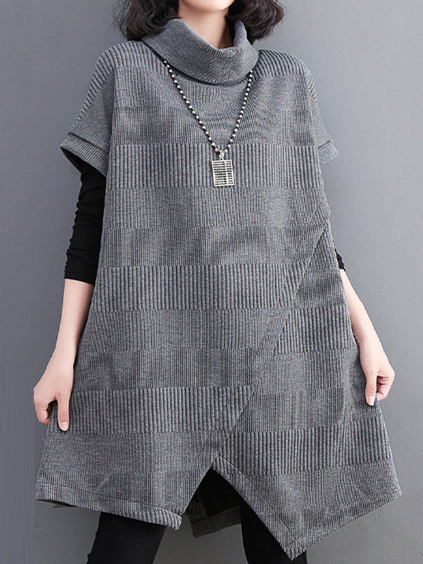 xakxx Short Sleeves Asymmetric Solid Color Split-Front High-Neck Knitwear Mini Dresses