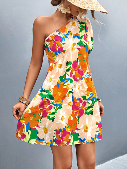 xakxx A-Line Bishop Sleeve Flower Print Split-Joint One-Shoulder Mini Dresses