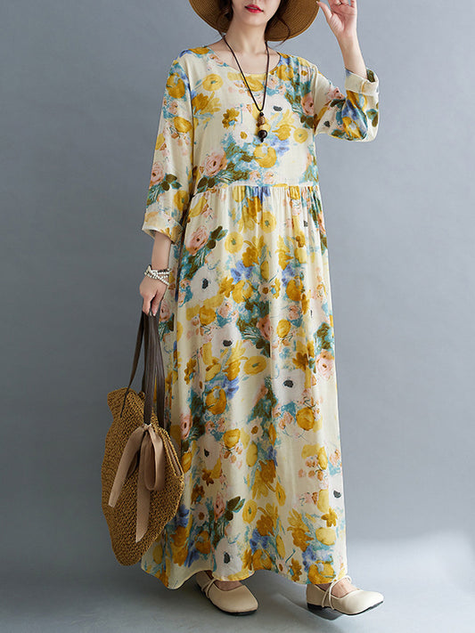 xakxx Long Sleeves Loose Flower Print Split-Joint Round-Neck Midi Dresses