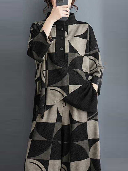 xakxx Long Sleeves Asymmetric Buttoned Printed Stand Collar Sweatshirt Top + Harem Pants Pants Bottom Two Pieces Set