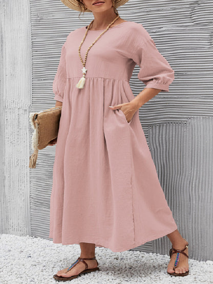 xakxx 11 Colors Simple Round-Neck Solid Color Midi Dress