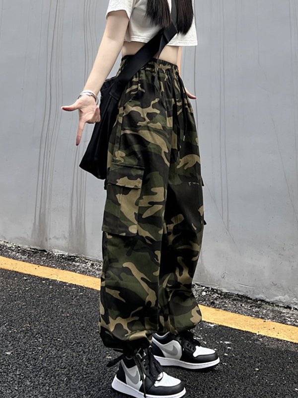 xakxx Hip-Hop Wide Leg Drawstring Camouflage  Pants