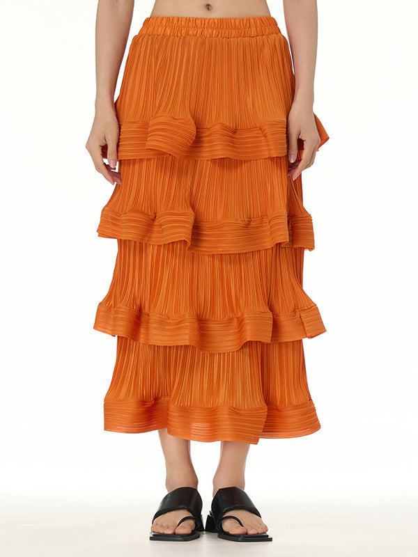 xakxx Loose Elasticity Layered Pleated Ruffled Solid Color Skirts Bottoms