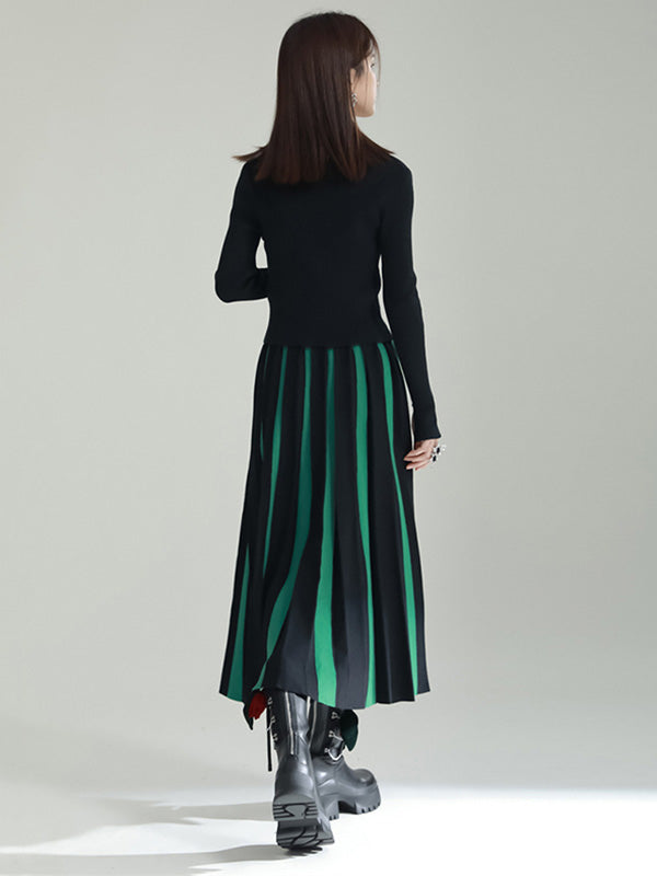 xakxx Original Creation Loose A-Line Contrast Color Striped Skirts Bottoms