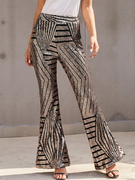 xakxx Flared Pants High Waisted Contrast Color Striped Sequined Pants