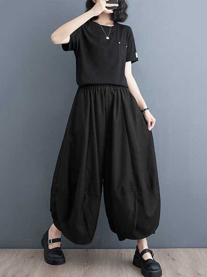 xakxx Bloomers Loose Elasticity Solid Color Split-Joint Wide Leg Pants Trousers