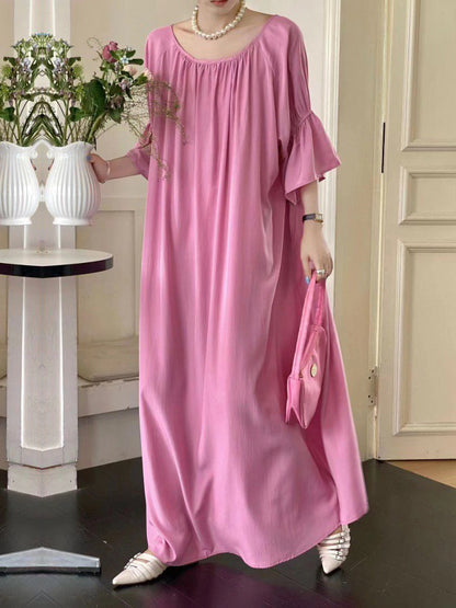 xakxx Half Sleeves Loose Solid Color Round-Neck Midi Dresses