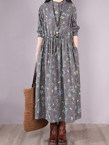 xakxx Vintage Floral Printed Ramie Cotton Loose Midi Dress